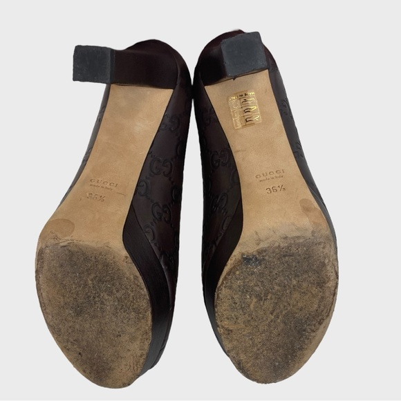 GUCCI Brown Leather Guccissima GG Logo Peep Toe Platform Pumps Size 36 1/2 - Picture 8 of 10